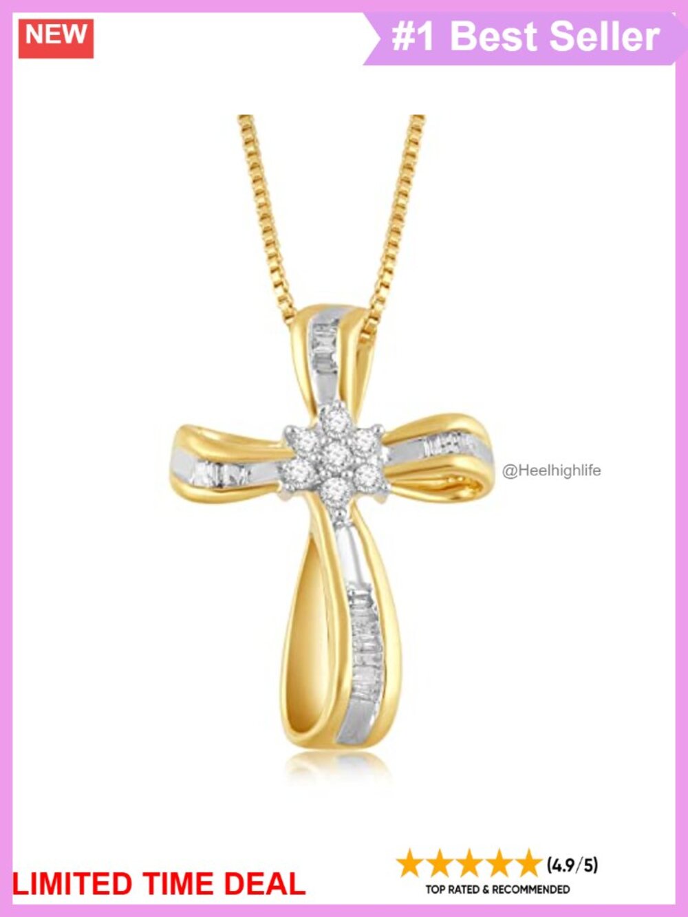 14K Yellow Gold Plated Silver Diamond Cross Pendant Necklace